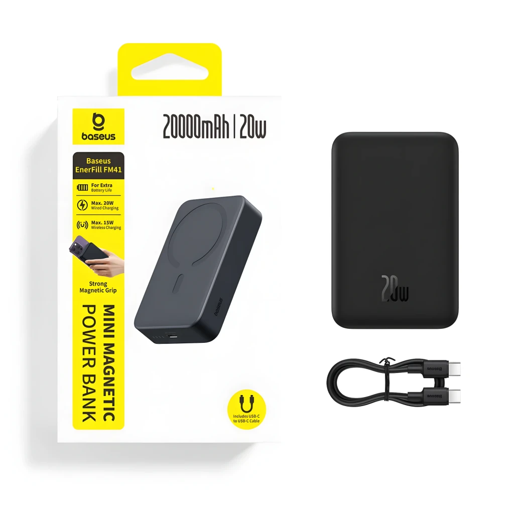Power Bank Baseus EnerFill FM41 Ultra Mini Magnetic Negro con carga magnética, 20000 mAh, 20 W, diseño compacto mate e indicador LED; incluye cable USB-C