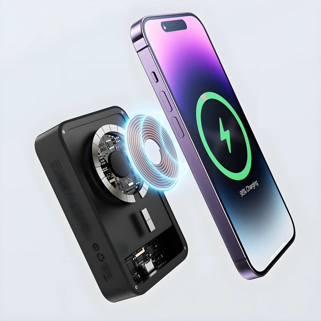 Power Bank Baseus EnerFill FM41 Ultra Mini Magnetic Negro con módulo magnético visible, bobina alineada para MagSafe y carcasa compacta con puerto USB-C