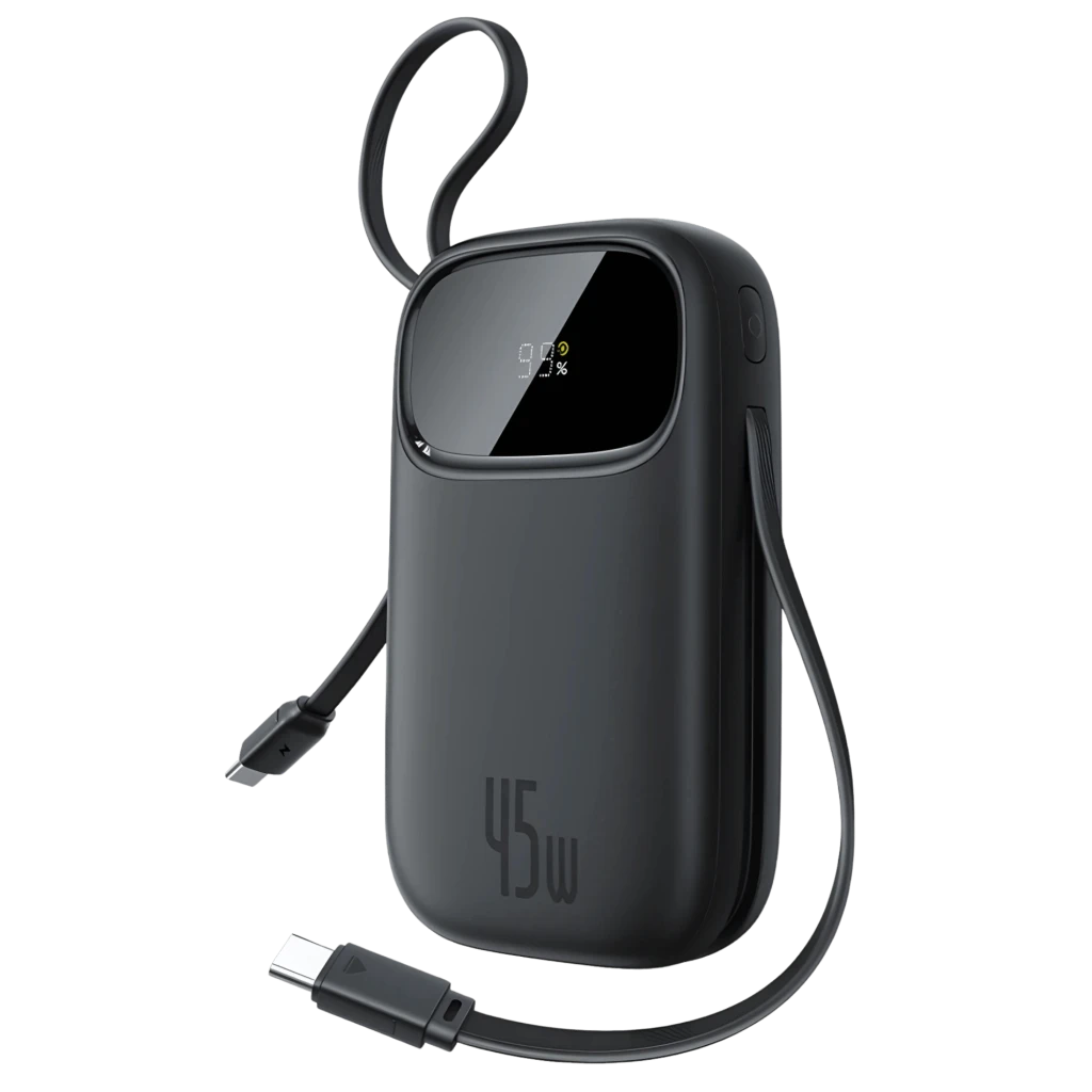 Power Bank Baseus EnerFill FC31 20000mAh 45W color negro con pantalla LED, cable USB-C integrado y diseño compacto con bordes redondeados