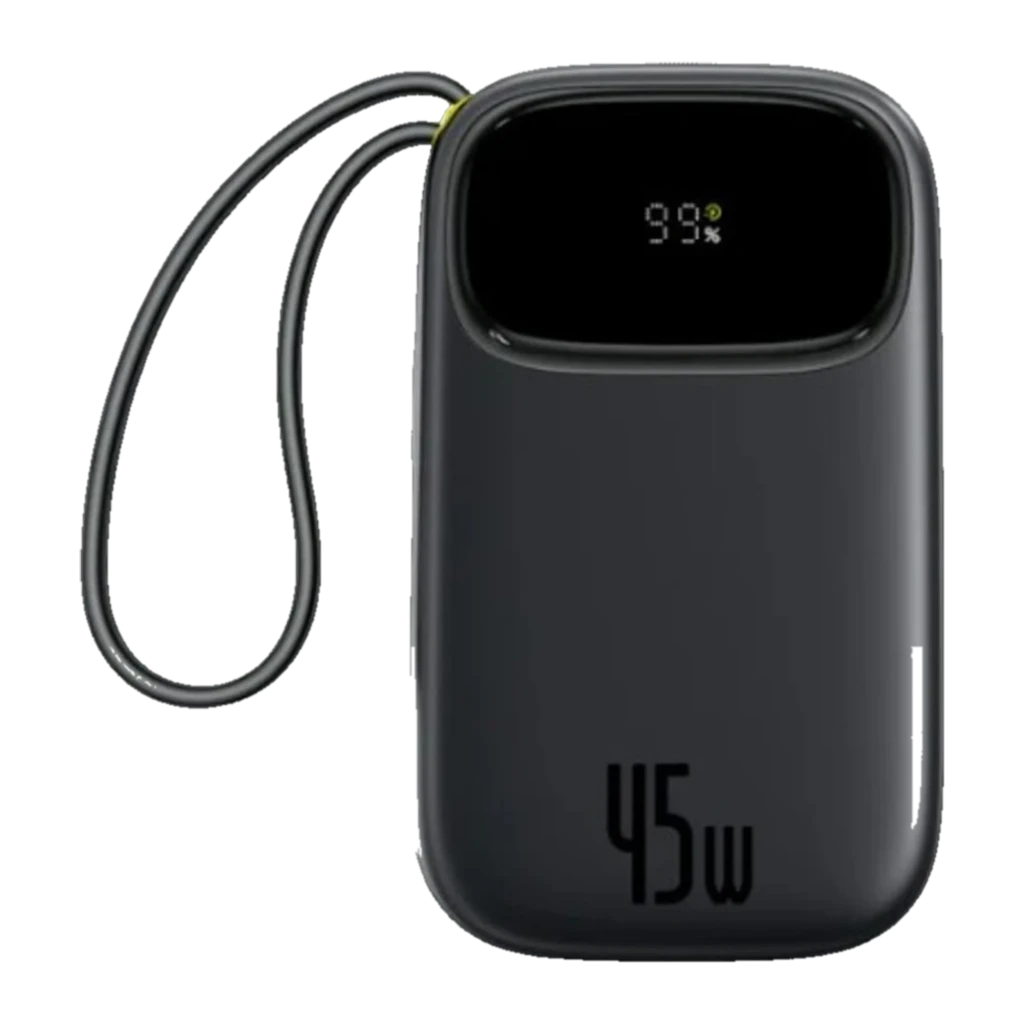 Power Bank Baseus EnerFill FC31 20000mAh 45W en color negro, pantalla LED que muestra porcentaje, diseño compacto con correa lateral para portar fácilmente