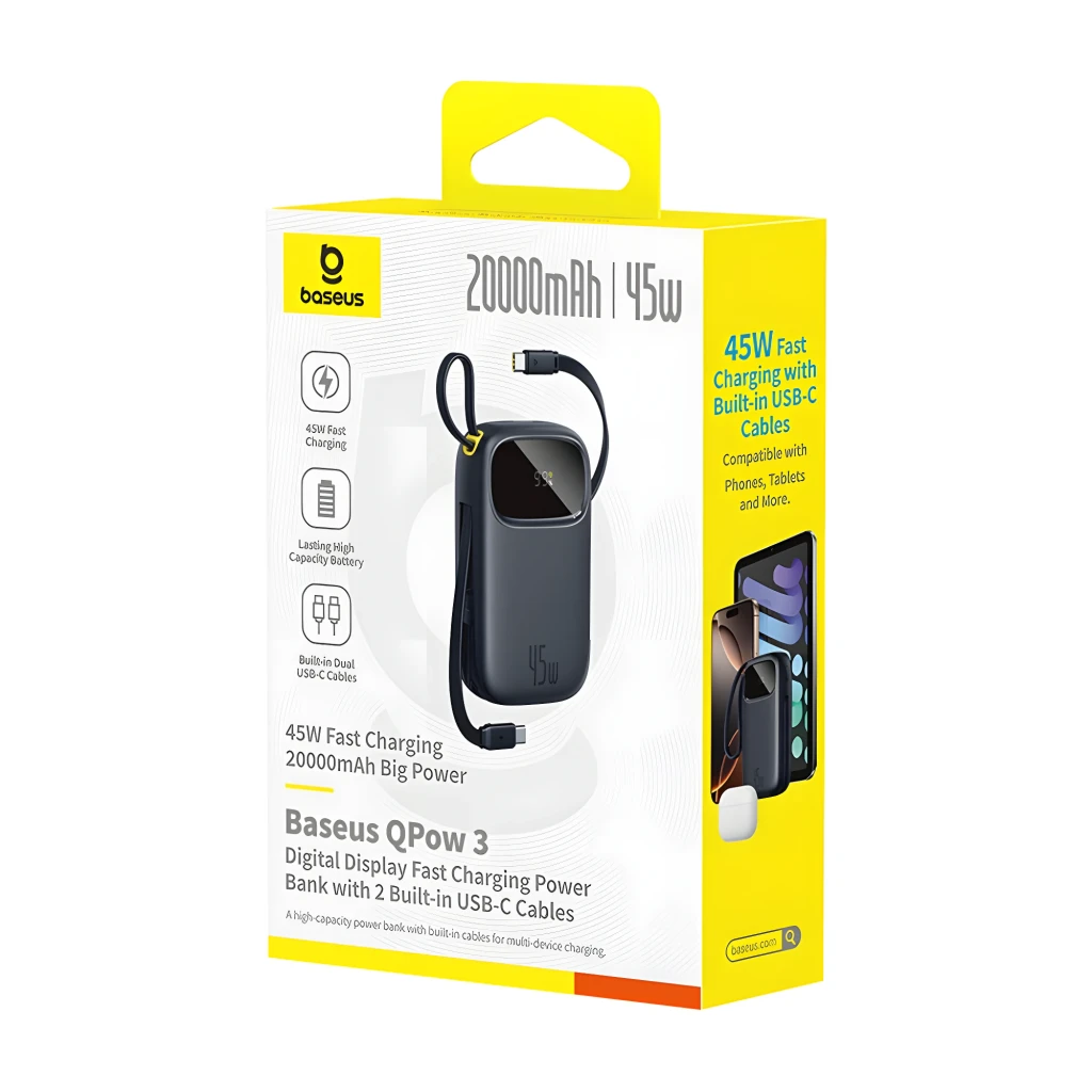 Power Bank Baseus EnerFill FC31 20000mAh 45W, color negro, con dos cables USB-C integrados, pantalla digital y diseño compacto en estuche amarillo de venta