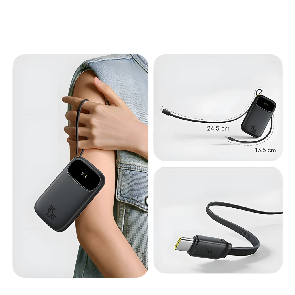 Power Bank Baseus EnerFill FC31 20000mAh 45W en gris con pantalla LED de porcentaje, cuerpo compacto y correa integrada; cable USB-C con conector amarillo