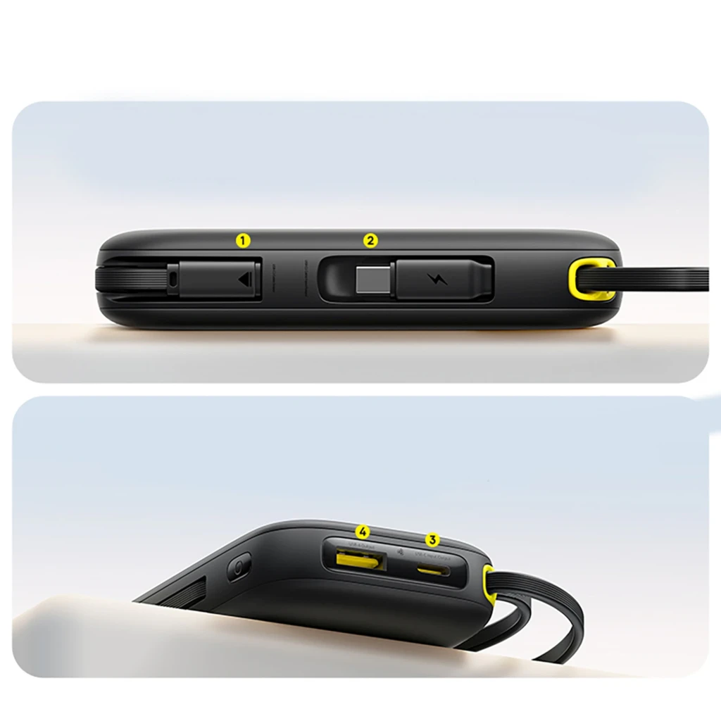 Power Bank Baseus EnerFill FC31 20000mAh 45W, diseño negro con detalles amarillos, cable integrado, puertos USB-A y USB-C, interruptor y gancho lateral