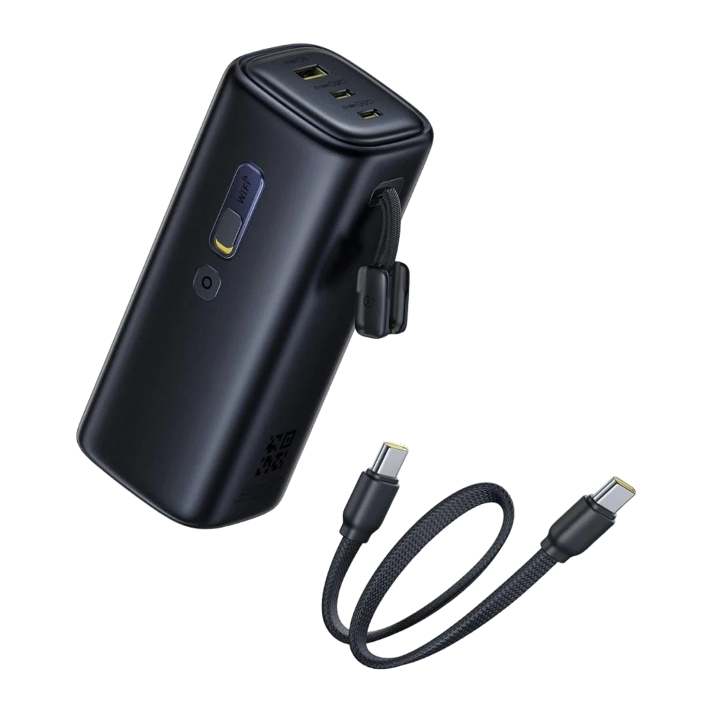 Power Bank Baseus EnerGeek GX11 MiFi 67W 20000mAh en negro, cuerpo compacto con correa lateral, tres puertos superiores y cable trenzado USB-C a USB-C incluido