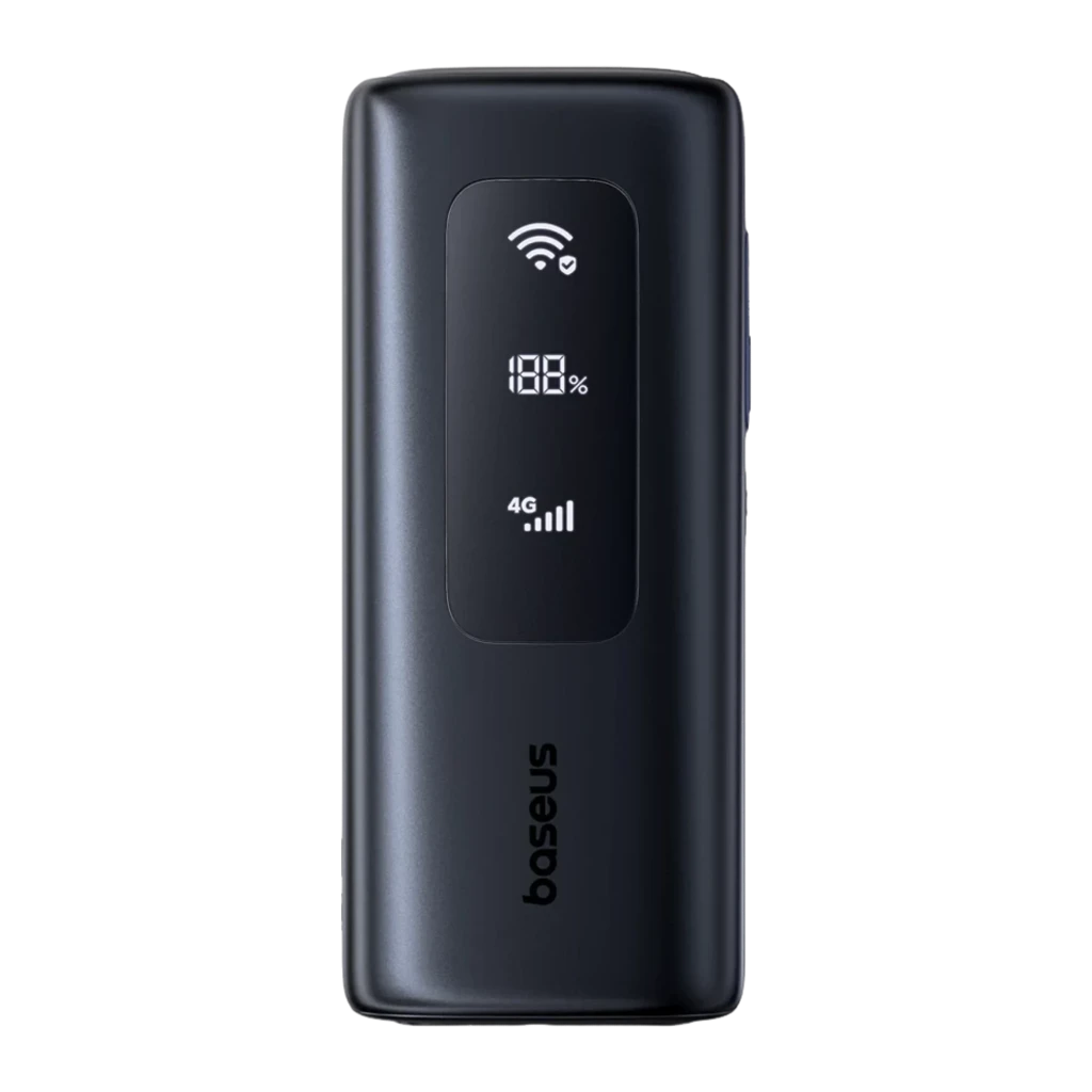 Power Bank Baseus EnerGeek GX11 MiFi 67W 20000mAh en color negro, pantalla con indicador de batería 18%, iconos WiFi y 4G, cuerpo compacto con logo baseus