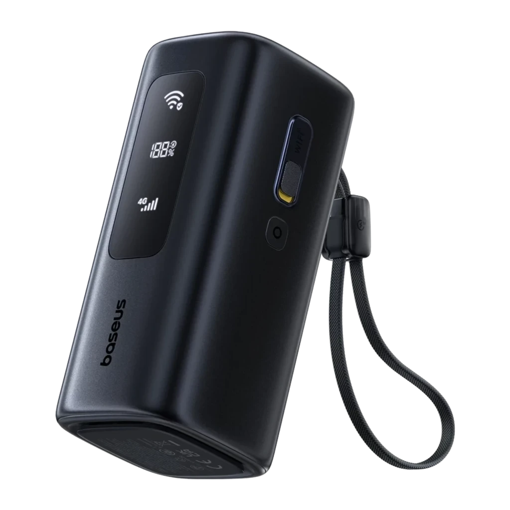 Power Bank Baseus EnerGeek GX11 MiFi 67W 20000mAh negro, cuerpo compacto con pantalla LED, botón lateral, correa desmontable y símbolos WiFi y 4G visibles