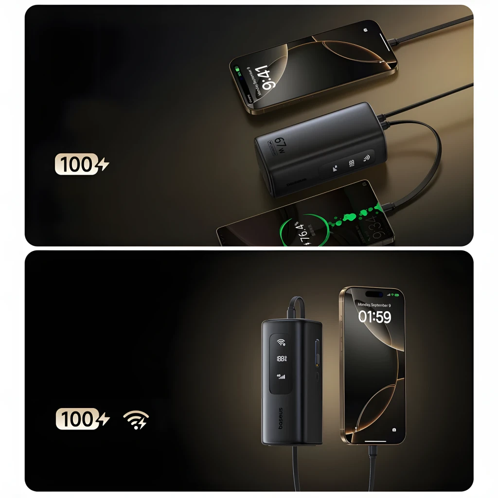 Power Bank Baseus EnerGeek GX11 MiFi 67W 20000mAh en negro, pantalla LED con nivel de batería y estado WiFi, dos puertos USB y uno USB-C, diseño compacto