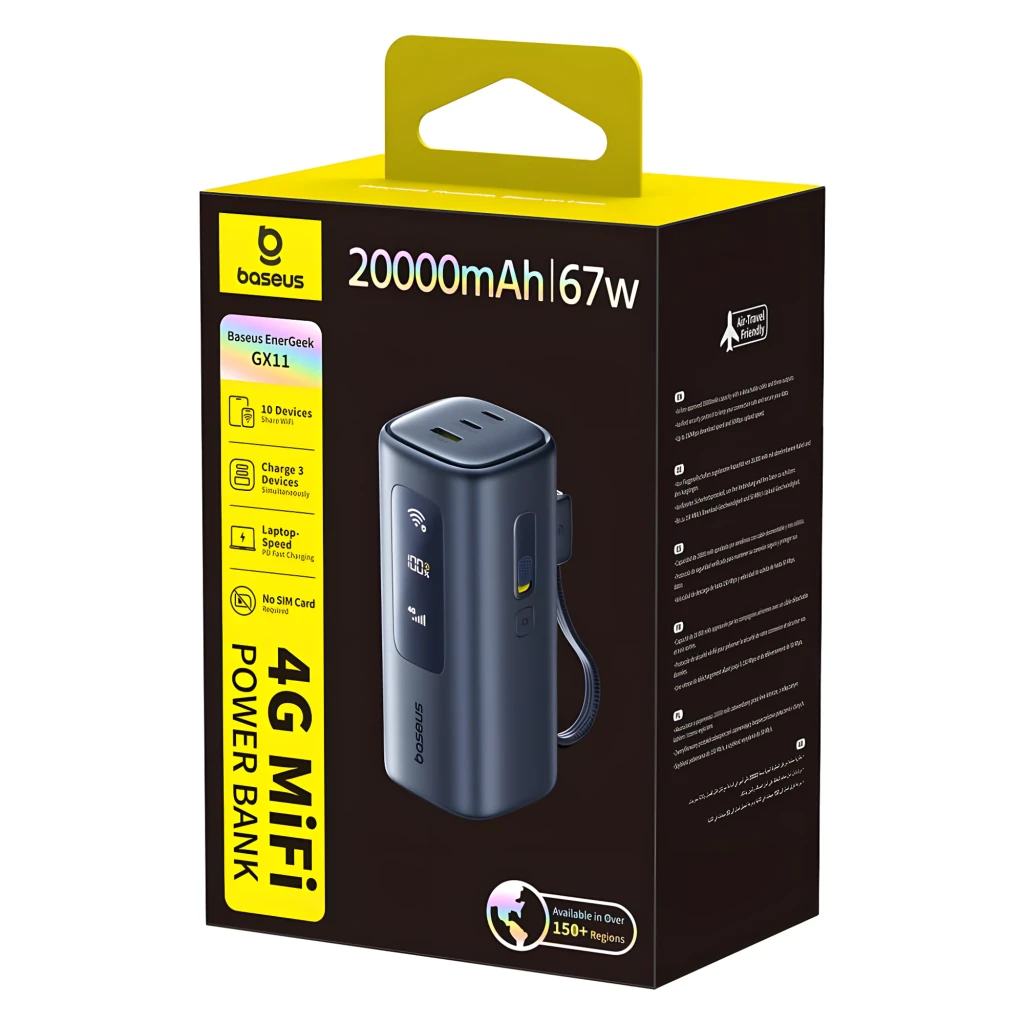 Power Bank Baseus EnerGeek GX11 MiFi 67W 20000mAh en caja negra con asa amarilla, destaca 4G MiFi, puertos visibles y cable lateral integrado