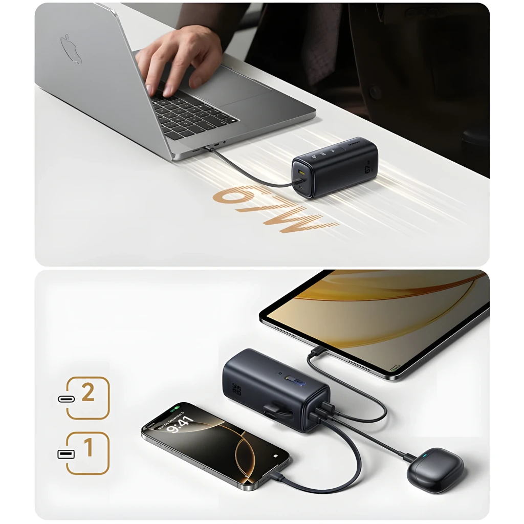 Power Bank Baseus EnerGeek GX11 MiFi 67W 20000mAh, compacto y negro, con pantalla, puertos USB-C y USB-A, carga simultánea de laptop, tablet y smartphone