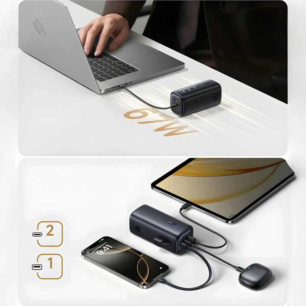 Power Bank Baseus EnerGeek GX11 MiFi 67W 20000mAh, compacto en negro, múltiples puertos USB-C y USB-A, carga simultánea para laptop, tablet y smartphone