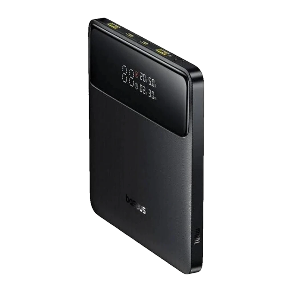 Batterie externe Baseus Blade H1 Lite noire, écran LED indiquant puissance et ports, design plat, 20000 mAh, 100 W, ports USB-C et USB-A, finition mate