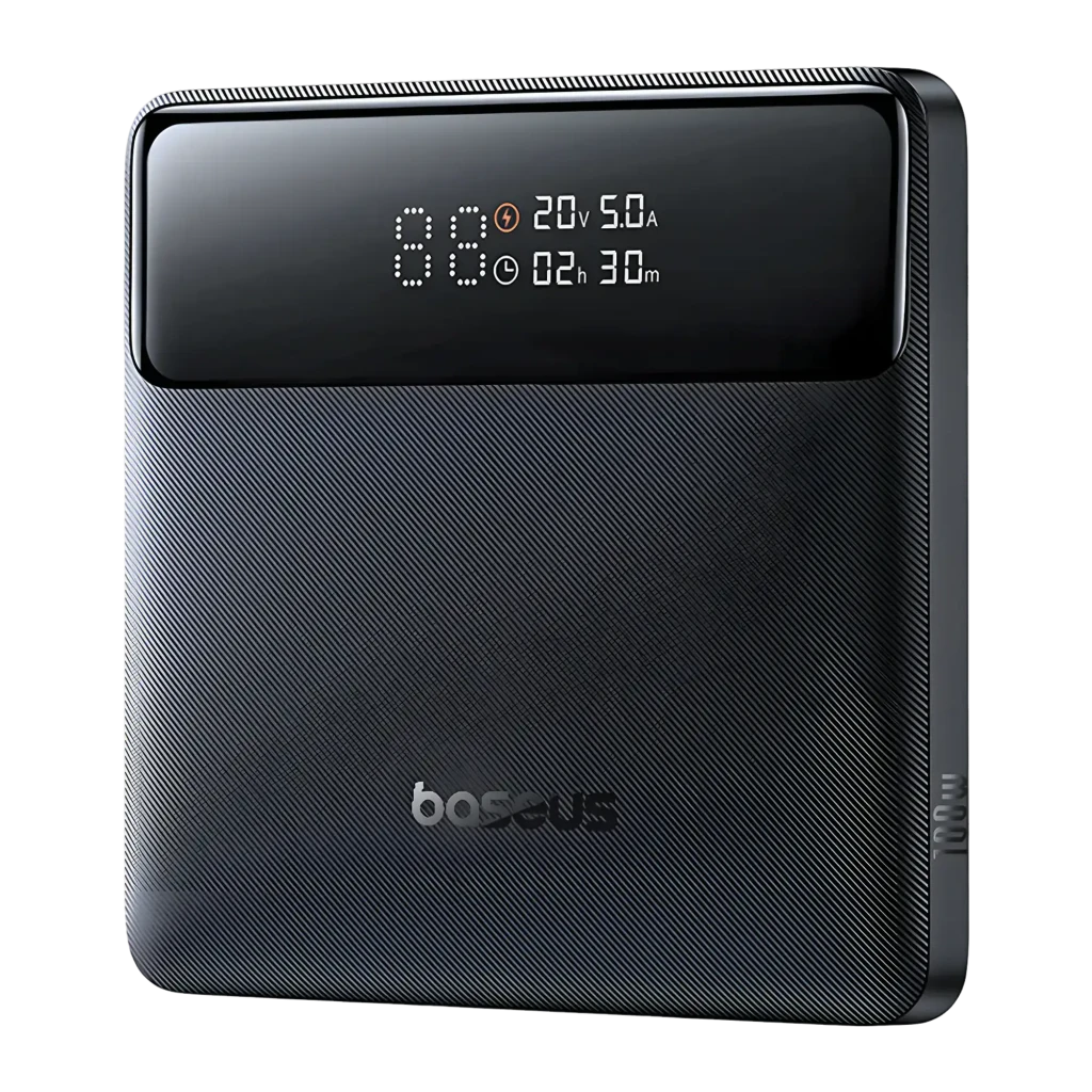 Batterie externe Baseus Blade H1 Lite noire, écran LED avec pourcentage et temps restant, texture striée, bords arrondis, compacte et élégante