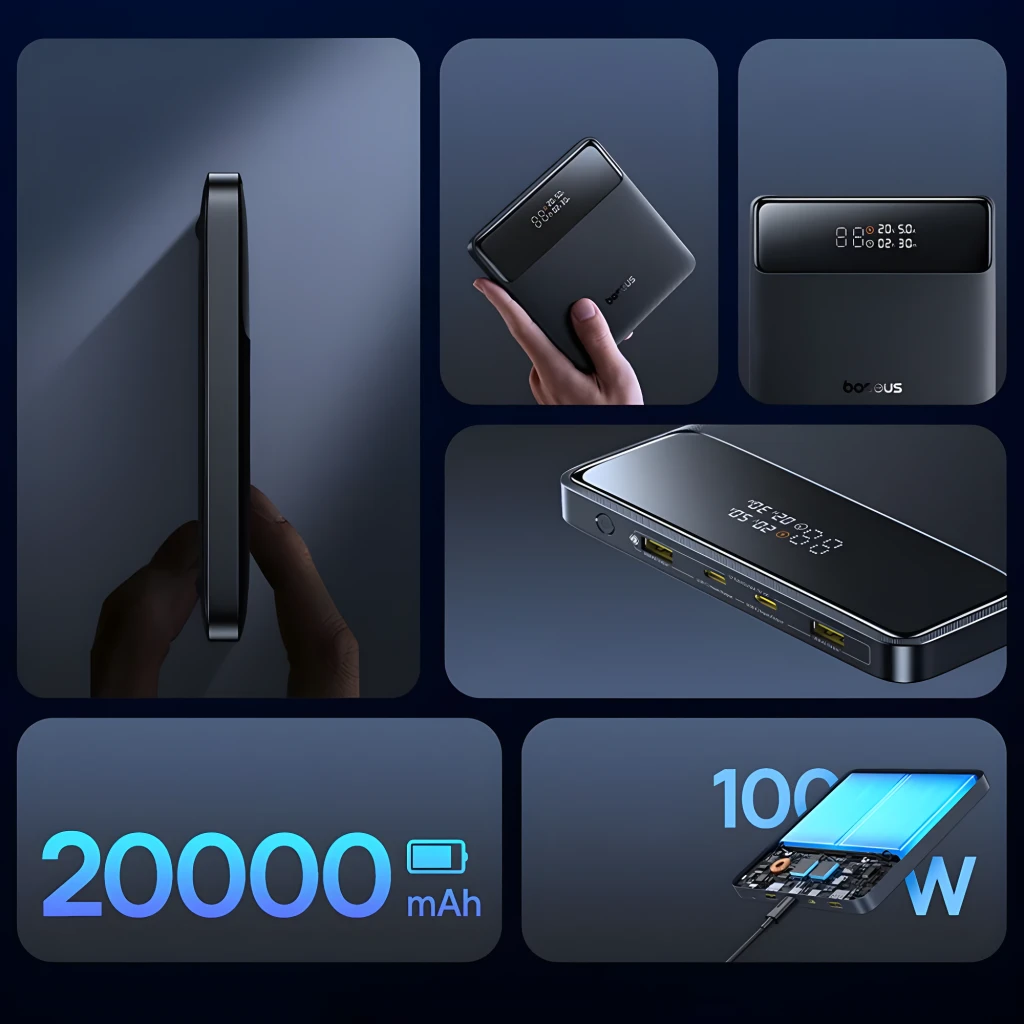 Batterie externe fine Baseus Blade H1 Lite, écran LED, 4 ports USB dont USB‑C, charge rapide PD 3.0 100 W, capacité 20000 mAh, finition noire élégante