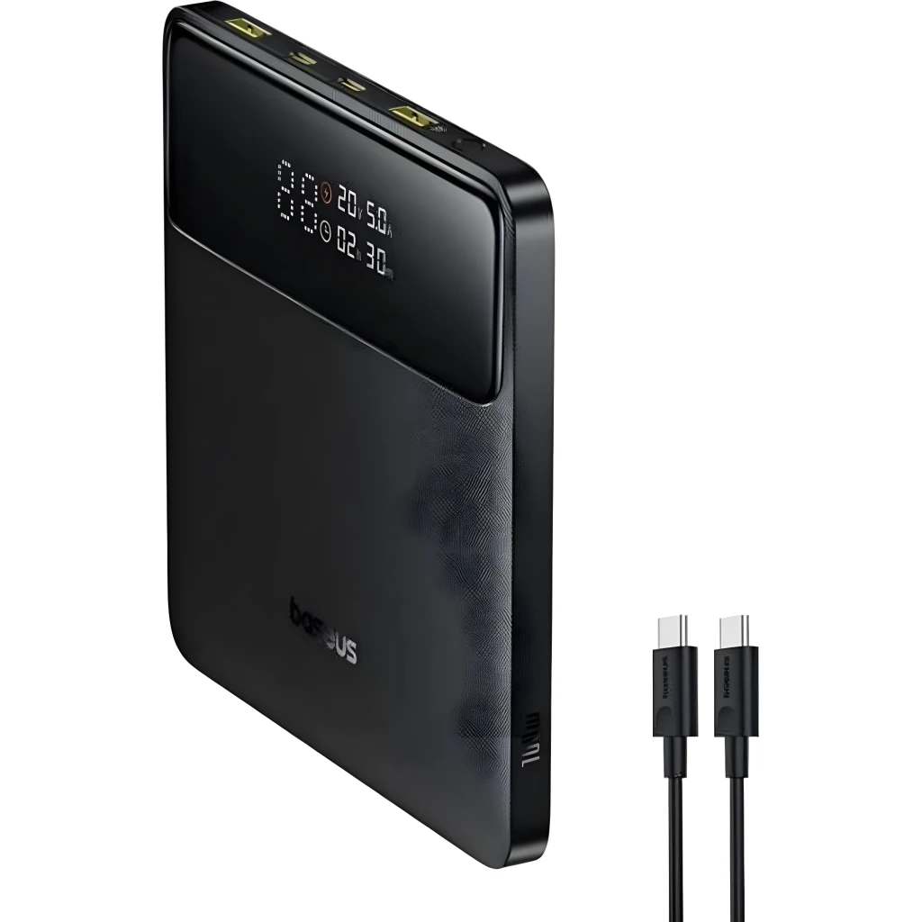 Batterie externe Baseus Blade H1 Lite 20000 mAh 100 W, boîtier noir fin avec écran LED d état, ports USB-C et USB-A, câble USB-C inclus, finition mate