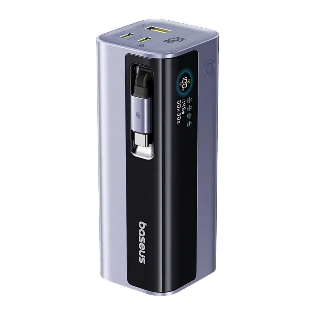 Power Bank Baseus EnerGeek GR11 145W PD3.0 20000mAh en gris negro con pantalla digital, múltiples puertos USB y USB-C, diseño compacto y lateral texturizado