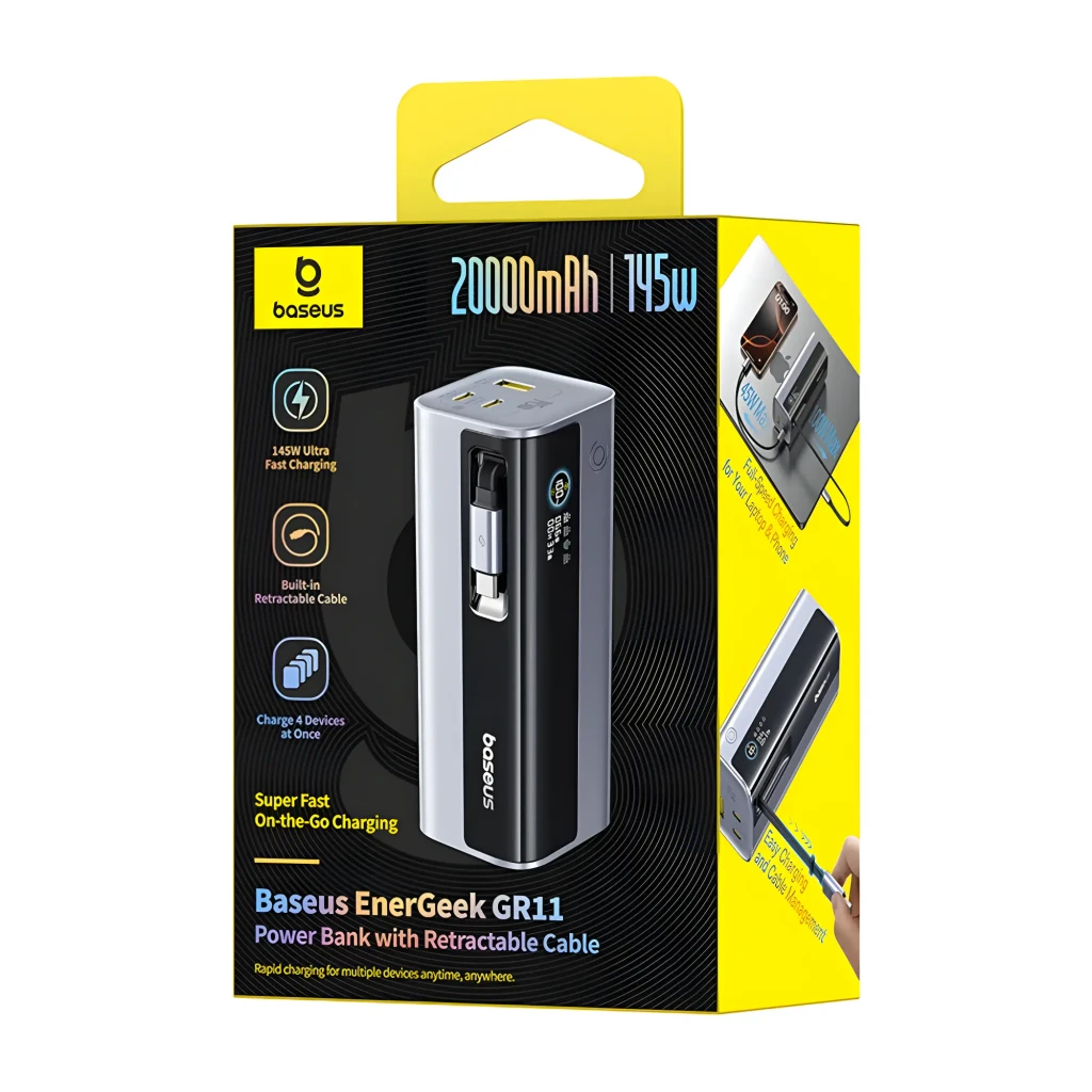 Power Bank Baseus EnerGeek GR11 145W PD3.0 20000mAh en caja amarilla; batería gris con cable retráctil, pantalla lateral y puertos múltiples para carga