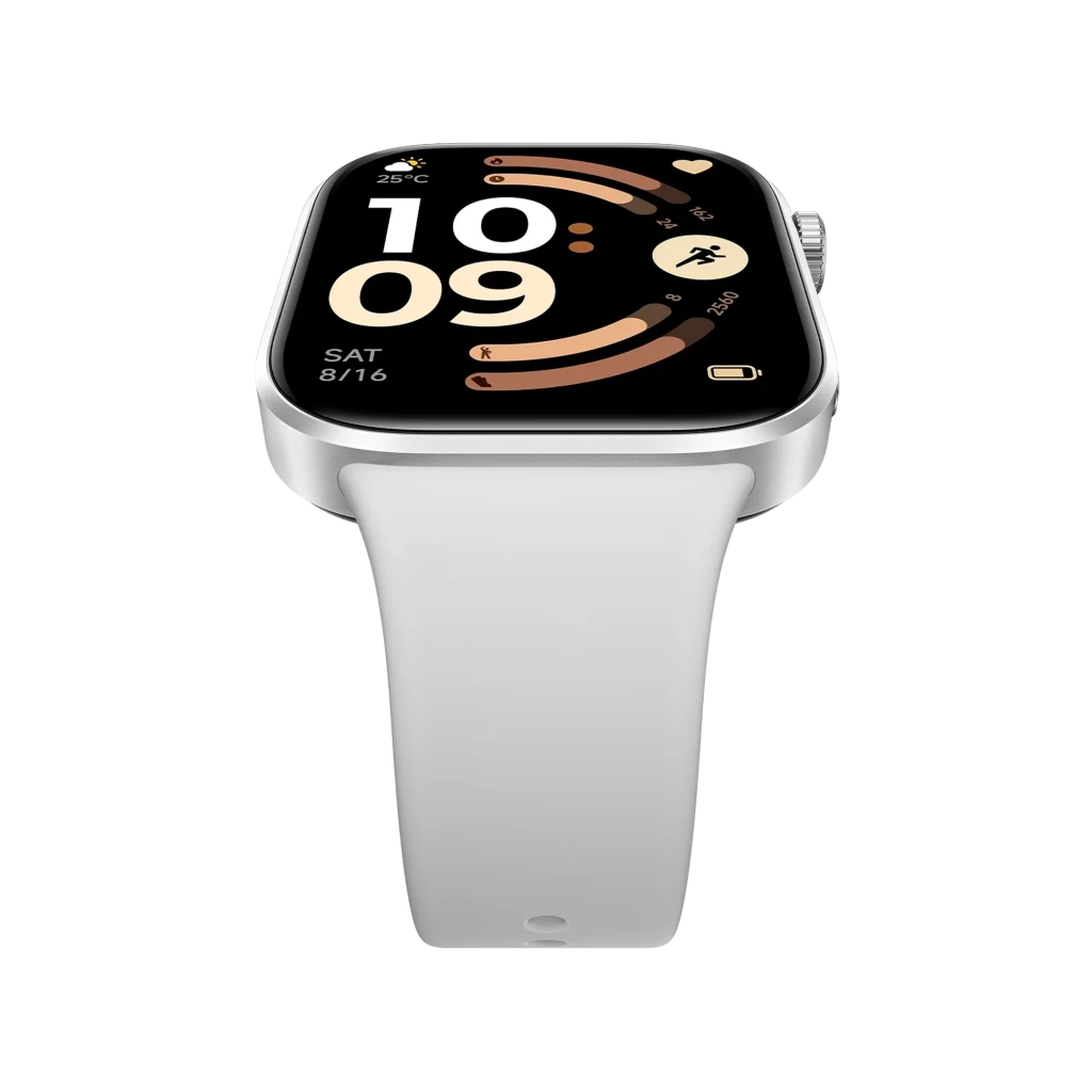 Xiaomi Redmi Watch 6 gris con pantalla AMOLED 2.07 pulgadas, marco metálico plateado y correa de silicona blanca; diseño rectangular elegante y deportivo