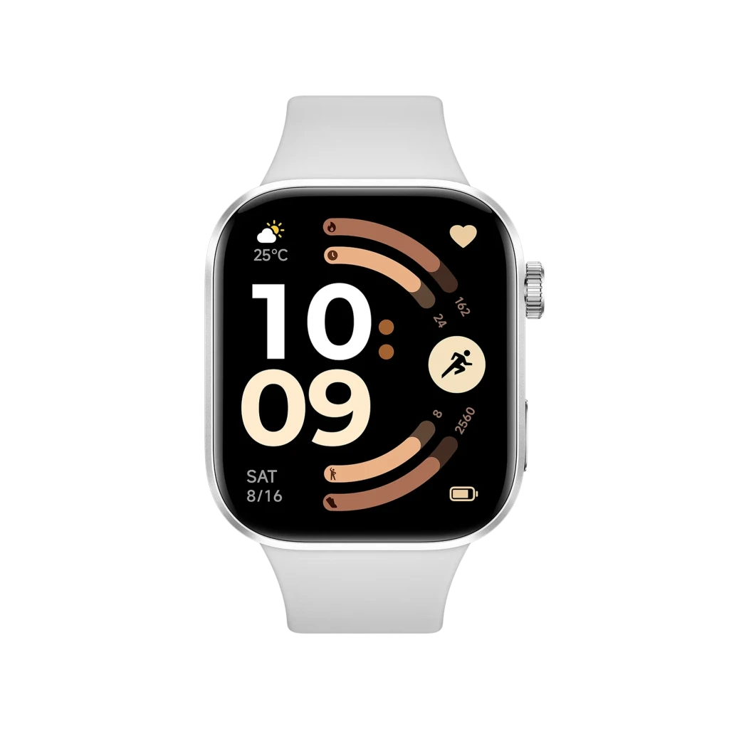 Xiaomi Redmi Watch 6 2.07 AMOLED en gris con pantalla rectangular sin bordes, correa de silicona clara, corona lateral y esferas fitness con iconos y métricas