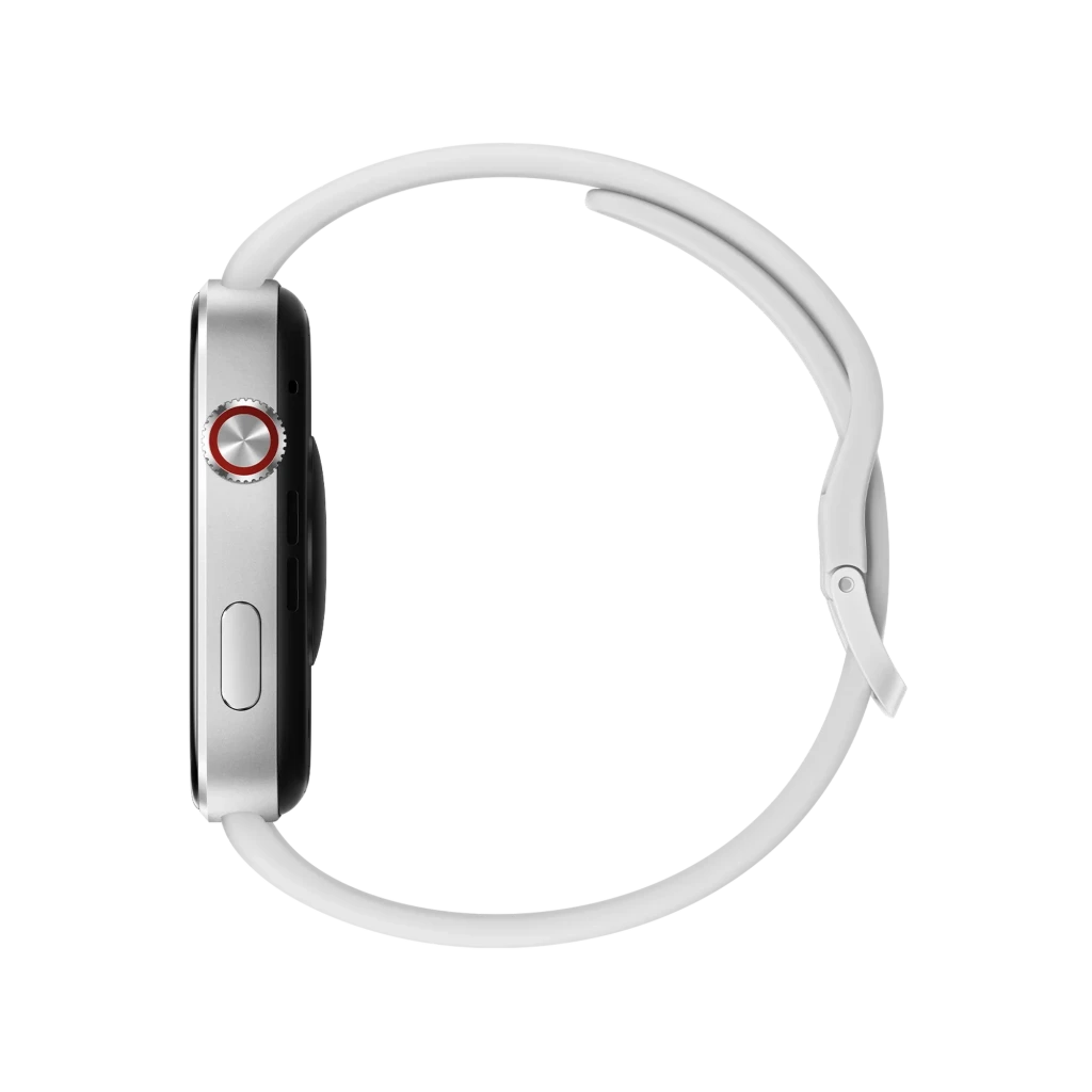 Xiaomi Redmi Watch 6 gris con caja metálica lateral, corona roja y botón plano, correa blanca curvada y perfil delgado, pantalla AMOLED 2.07 pulgadas
