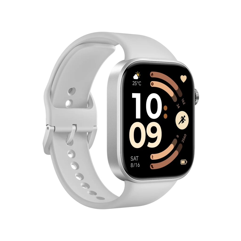 Reloj Xiaomi Redmi Watch 6 gris con pantalla AMOLED 2.07 rectangular, correa de silicona blanca, bisel metálico plateado y esferas fitness en color negro.