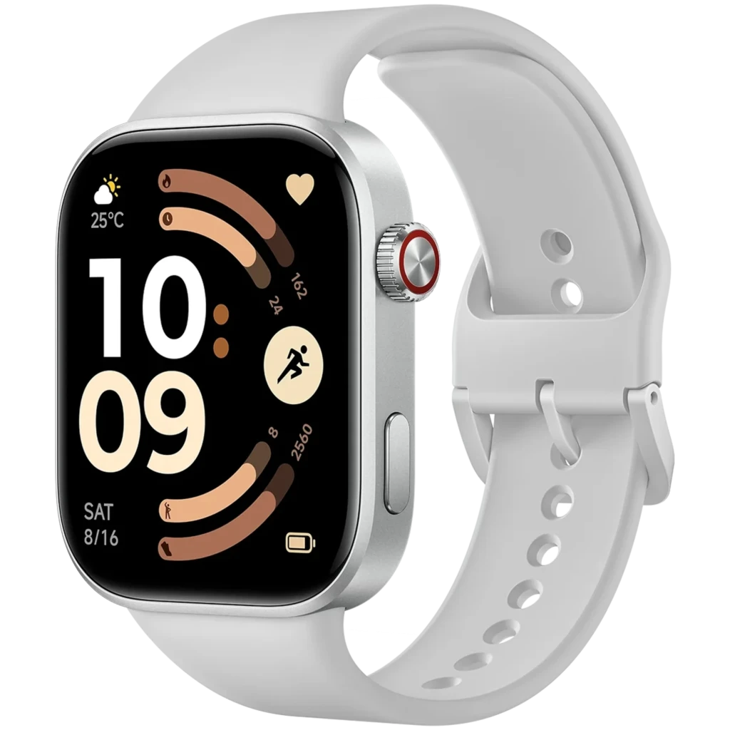 Xiaomi Redmi Watch 6 azul glaciar con pantalla AMOLED 2.07, caja plateada, corona lateral roja y correa de silicona perforada ajustable