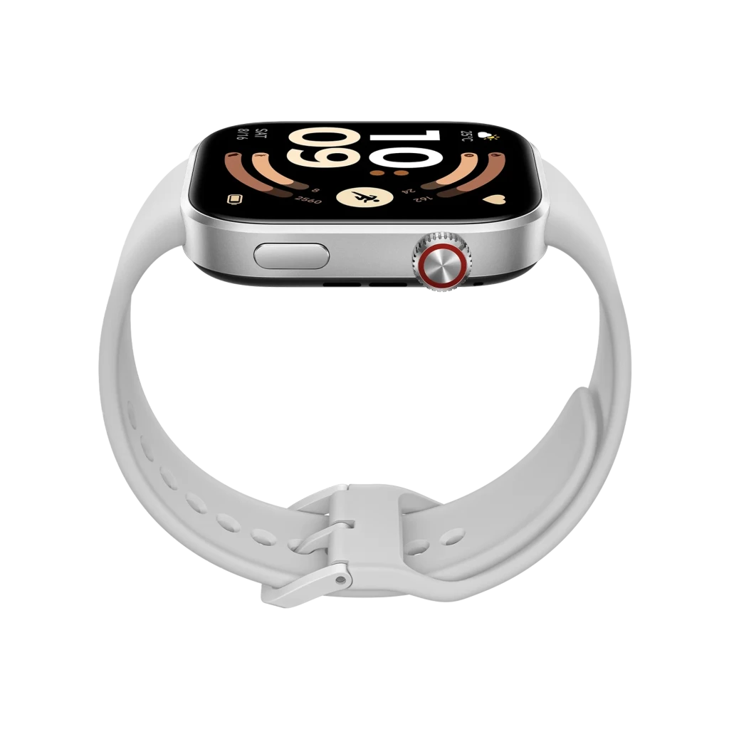 Xiaomi Redmi Watch 6 gris con pantalla AMOLED 2.07, caja metálica plateada, corona roja lateral y correa de silicona clara; diseño rectangular elegante