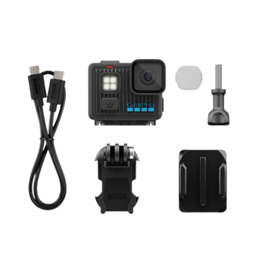 Cámara GoPro Lit Hero 4K 60fps 12 MP con luz frontal, lente gran angular y carcasa compacta. Incluye cables USB-C, monturas adhesivas y tornillo de fijación