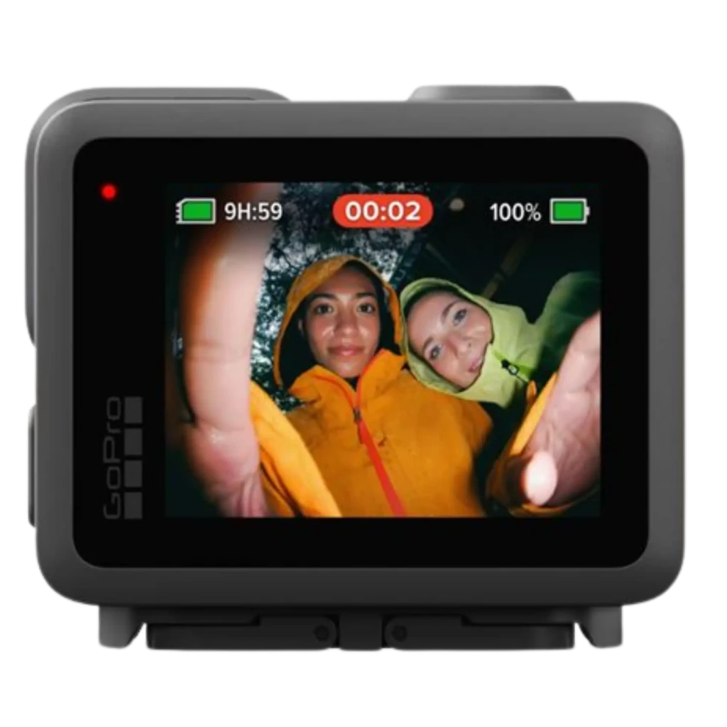 GoPro Lit Hero 4K 60fps 12 MP con pantalla trasera activa, indicadores de batería y grabación; carcasa robusta y sumergible 5 m con estabilización
