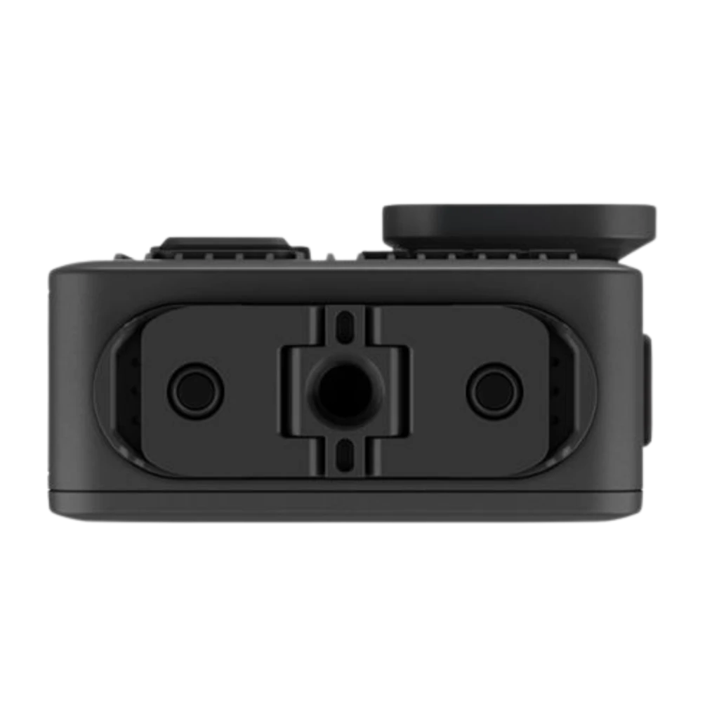 Base de cámara GoPro Lit Hero 4K con montaje central roscado y dos orificios laterales, cuerpo negro compacto y resistencia sumergible 5 m con HyperSmooth