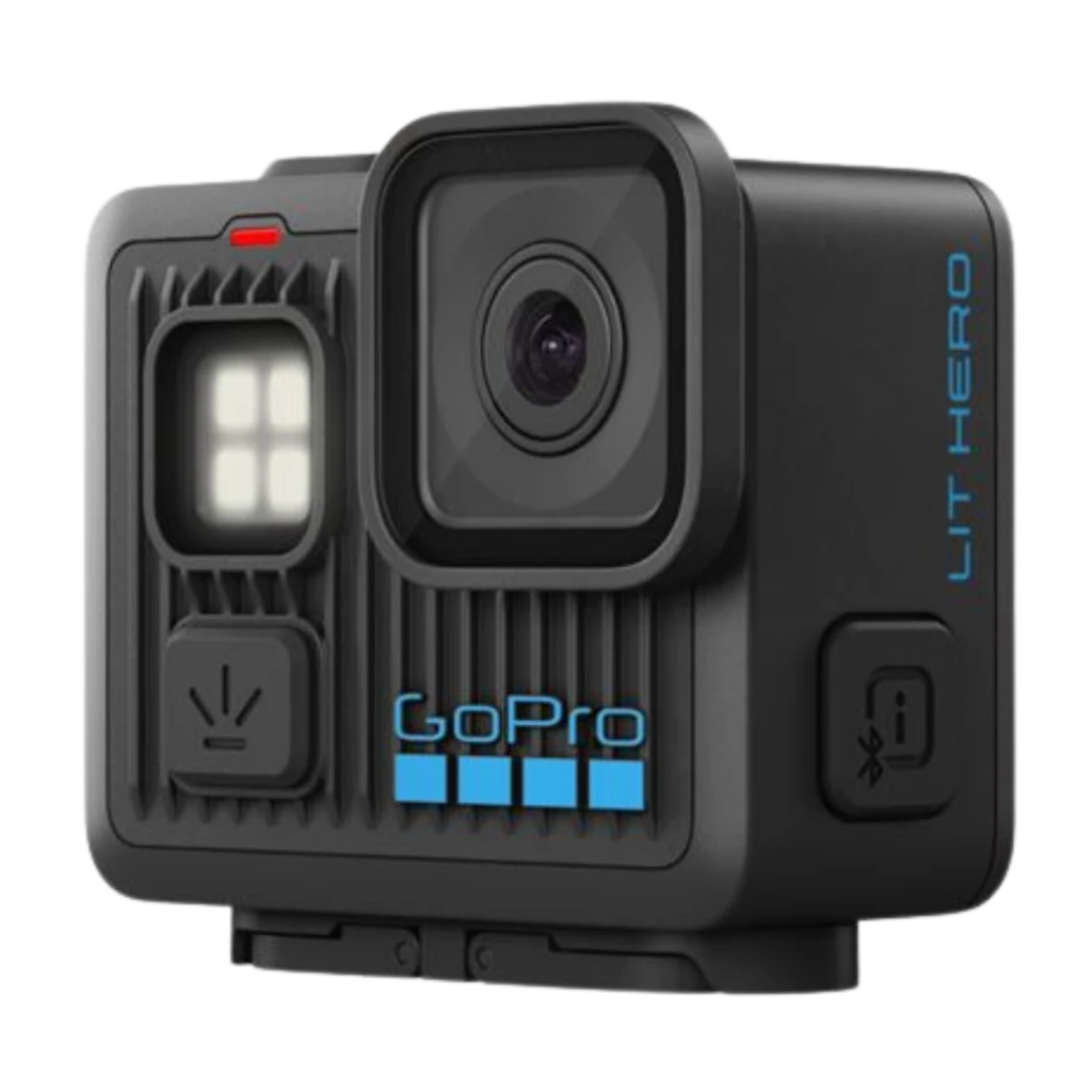 Cámara GoPro Lit Hero 4K 60fps 12 MP con lente gran angular, pantalla frontal con luz LED, cuerpo robusto, botones laterales y diseño negro compacto