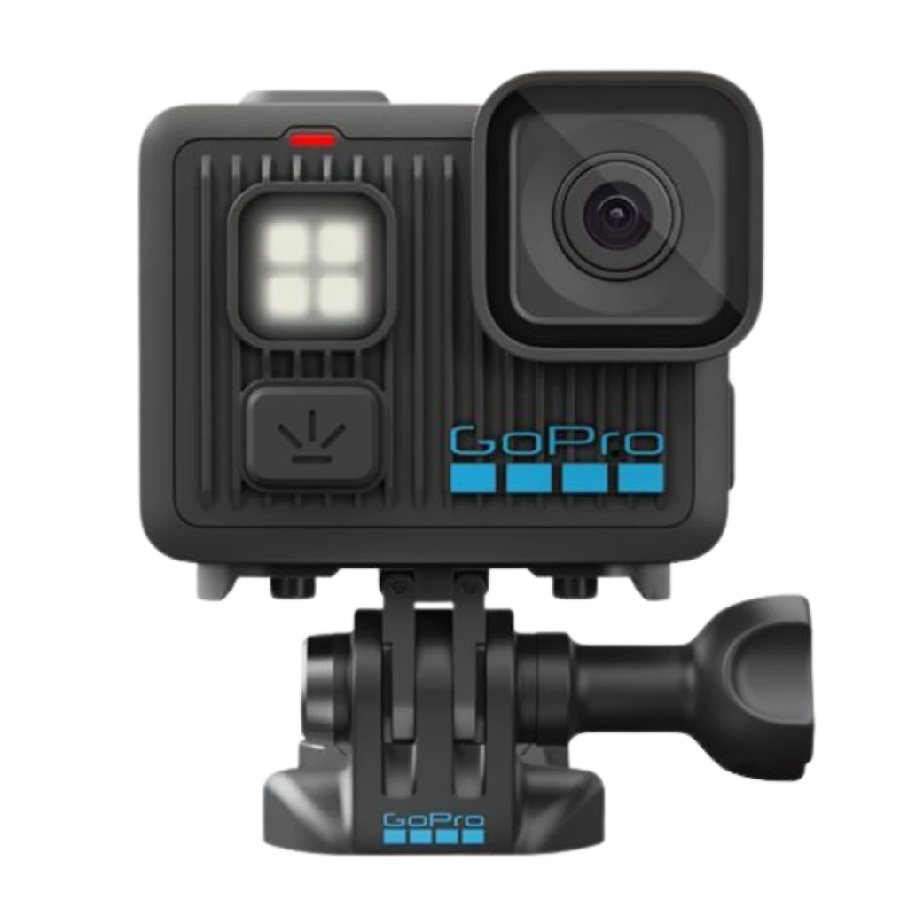 GoPro Lit Hero 4K 60fps 12 MP, cuerpo negro compacto con luz frontal integrada, lente gran angular, montura robusta y diseño sumergible hasta 5 m con