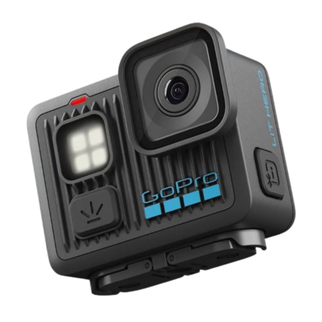 GoPro Lit Hero 4K 60fps 12 MP sumergible 5 m con lente gran angular, luz frontal integrada, botón superior rojo y carcasa gris robusta con montaje inferior