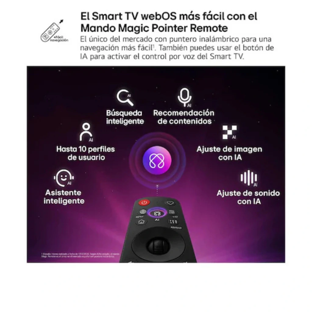 Control remoto LG Magic Remote para Smart TV QNED: puntero inalámbrico, micrófono para voz, botones IA, perfiles de usuario, ajustes de imagen y sonido con IA