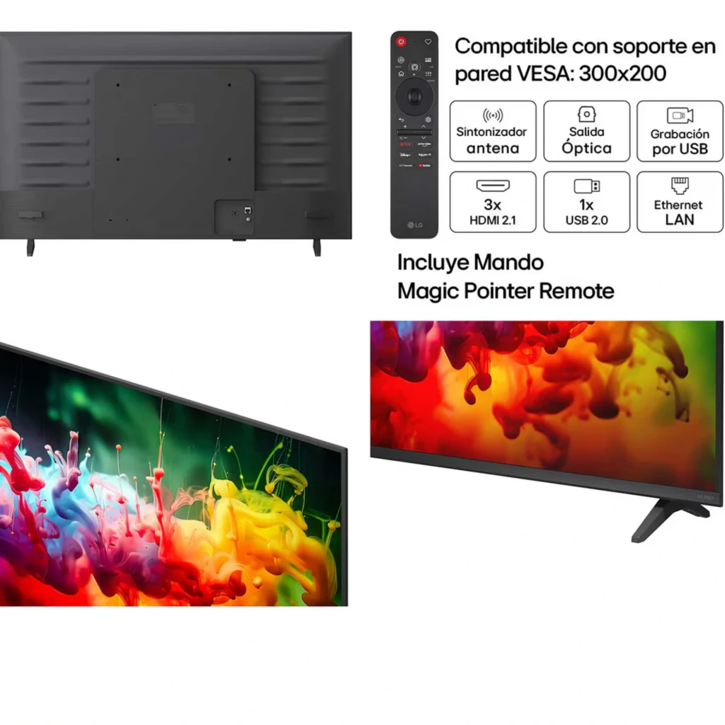 LG 65QNED70B6C 65" 4K QNED MiniLED negro con bordes delgados, peana doble, puertos HDMI y USB, Ethernet, salida óptica, VESA 300x200 y Magic Remote