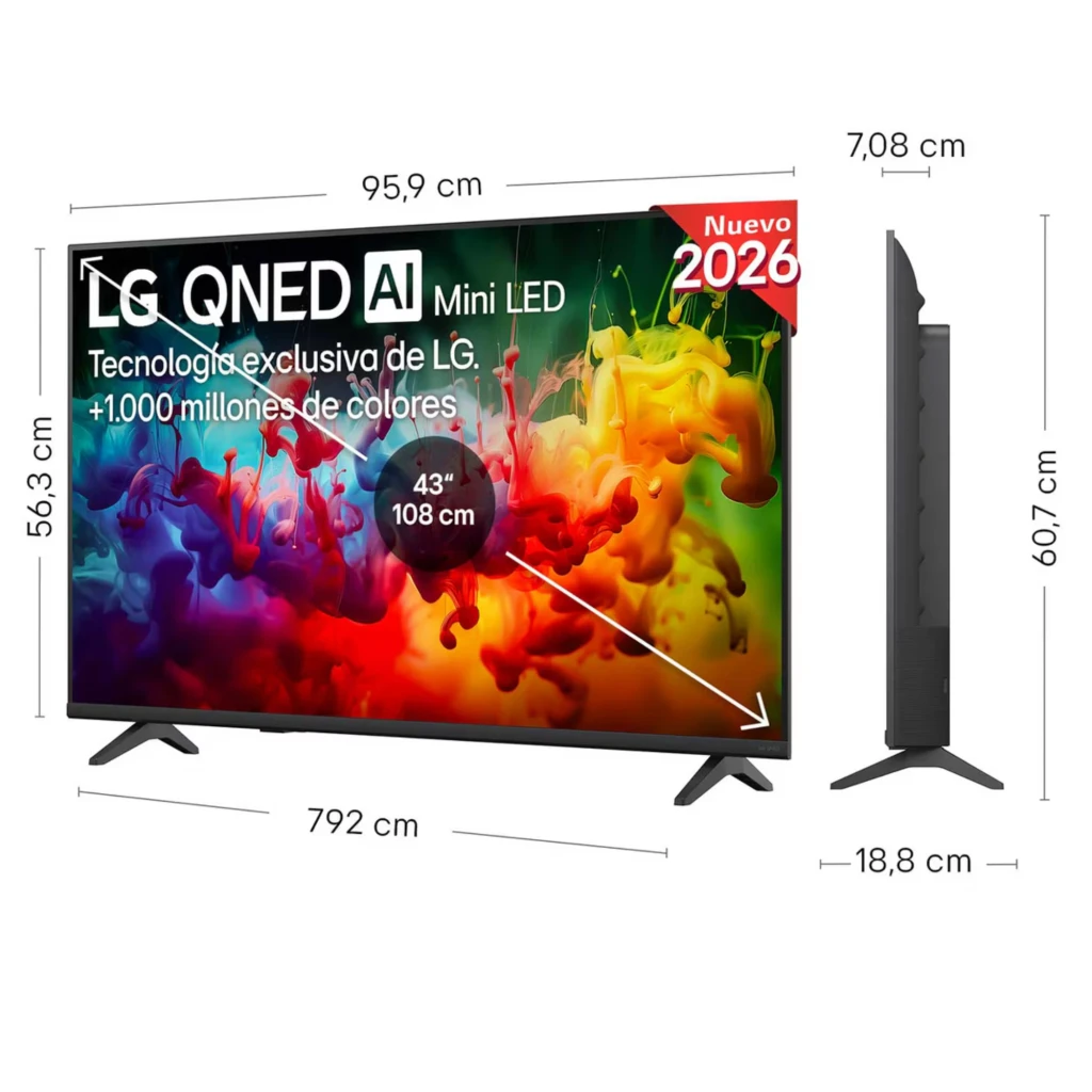 LG 43QNED70B6C Smart TV QNED MiniLED 43 pulgadas 4K con bisel delgado, patas en V, perfil estilizado 7,08 cm, 108 cm de diagonal y colores vibrantes AI