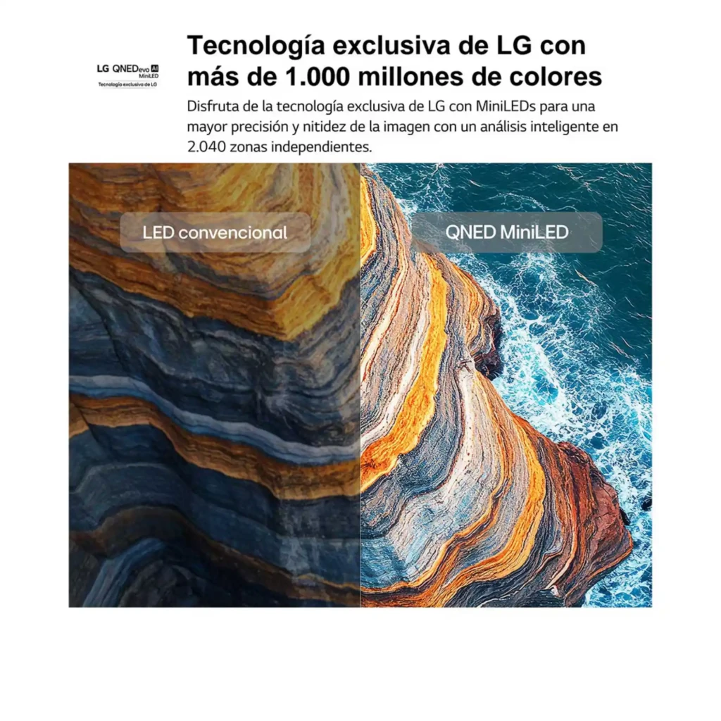 Pantalla comparativa LED convencional vs QNED MiniLED con rocas multicolor; QNED muestra mayor brillo, contraste y nitidez con zonas de atenuación precisas