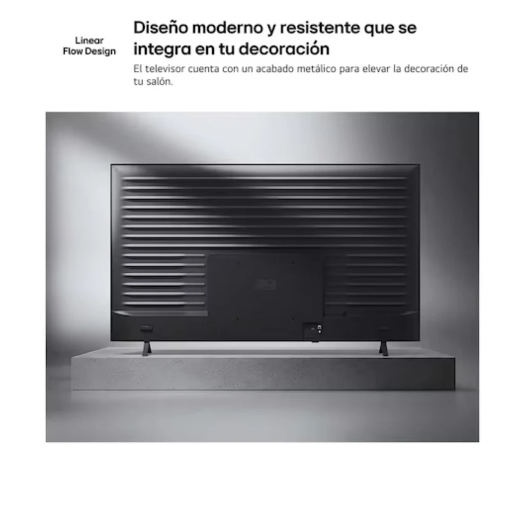Parte trasera del LG 65QNED70B6C: panel negro con acabado metálico, líneas horizontales, diseño minimalista, base doble discreta y puertos centrados