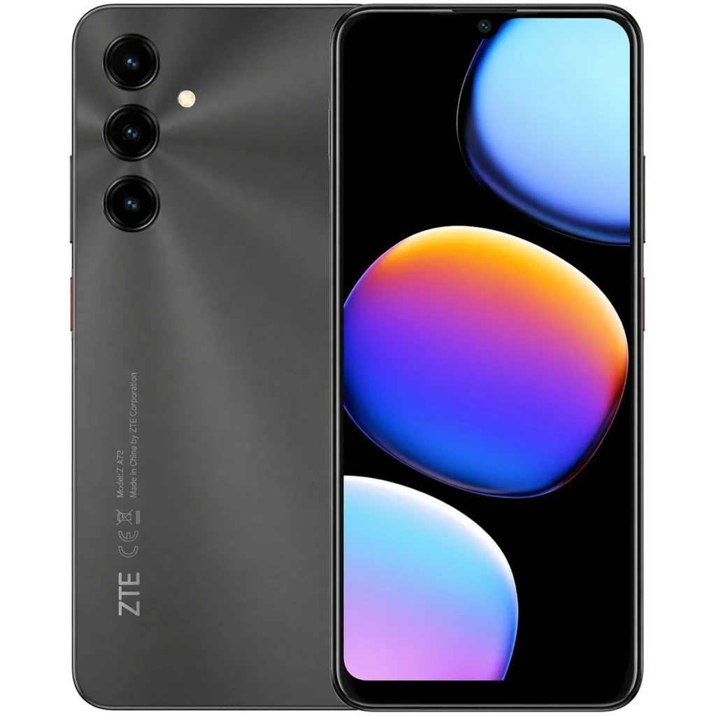 Smartphone negro estelar con gran pantalla 6.9 120Hz, frontal con notch en gota y trasera con triple cámara vertical y acabado mate elegante