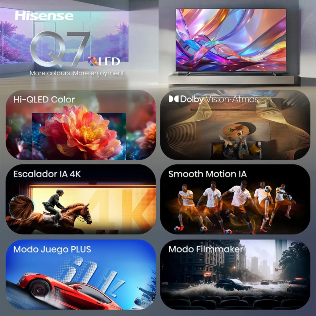 Hisense 43Q7S Smart TV QLED 43 4K negro con colores vívidos, Dolby Vision-Atmos, IA para escalado 4K y movimiento fluido, Modo Juego PLUS y Filmmaker