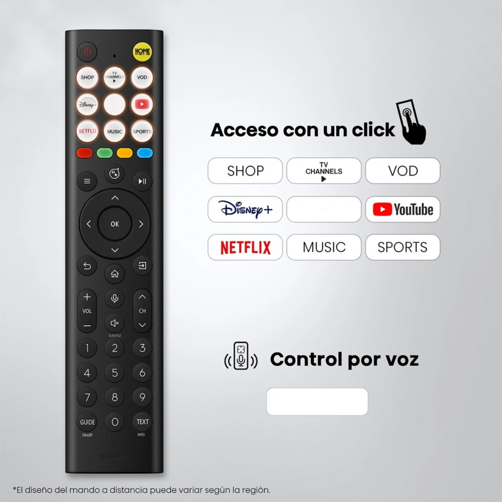 Control remoto Hisense 43Q7S: botones dedicados Netflix, YouTube, Disney+, VOD y más, acceso con un clic, micrófono para control por voz, diseño negro