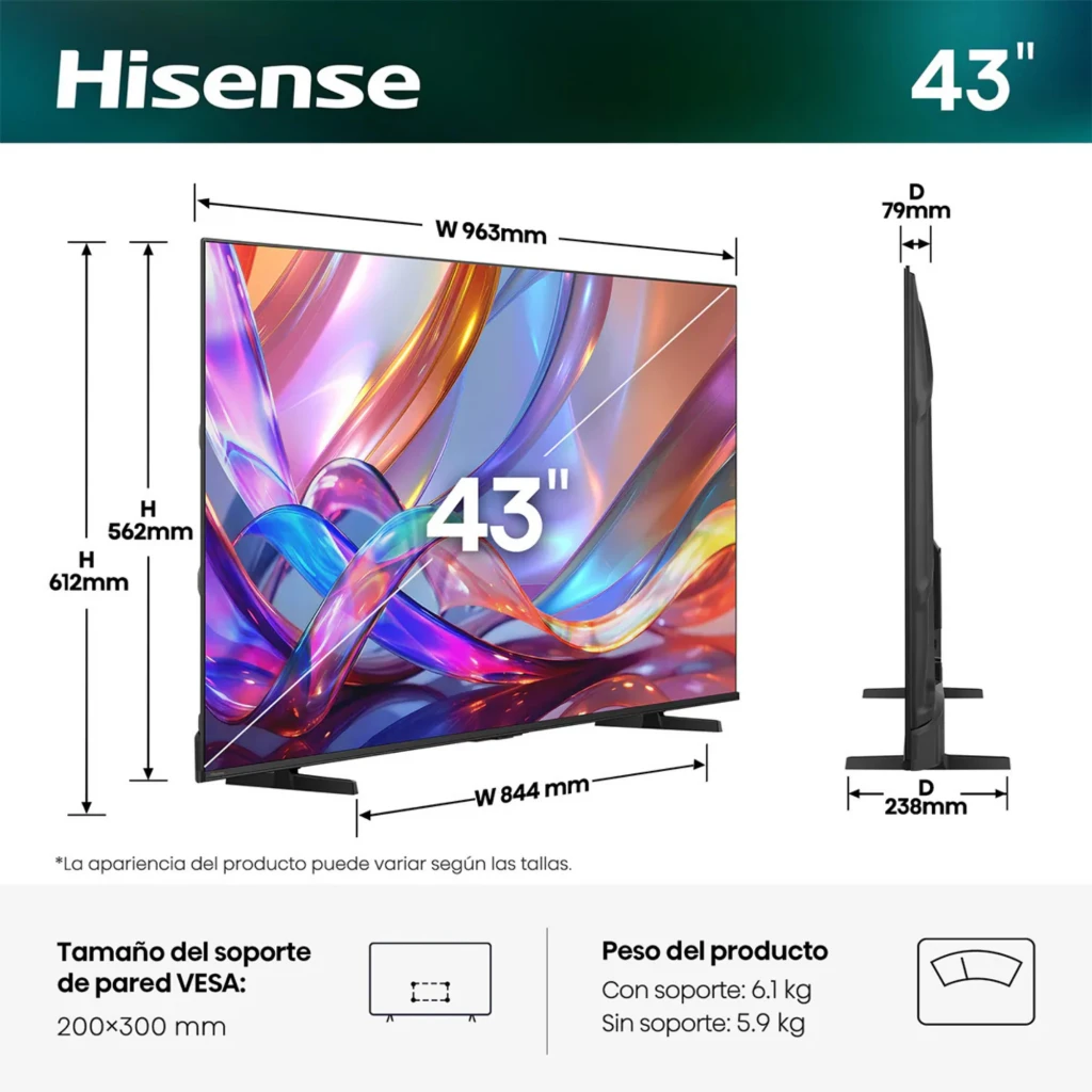 Hisense 43Q7S Smart TV QLED 43 pulgadas 4K, biseles delgados, panel fino, colores vibrantes, base doble, VESA 200x300 mm, puertos laterales y traseros