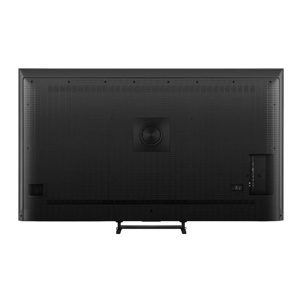 Parte trasera del Televisor Hisense 50E8S 50 pulgadas Mini LED 144Hz 4K Smart TV con puertos laterales, rejillas de ventilación y soporte central desmontable