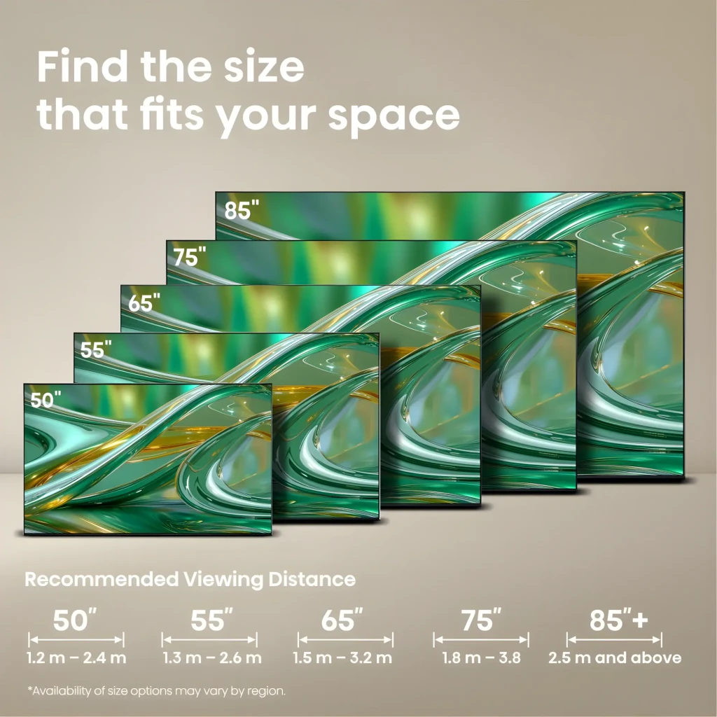 Gráfico comparativo de tamaños del Televisor Hisense 50E8S 50 pulgadas Mini LED 144Hz 4K Smart TV con distancias de visualización recomendadas en pantalla