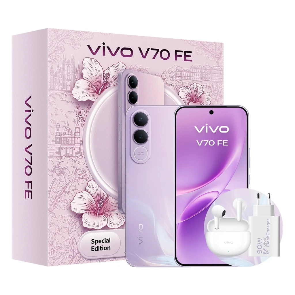 Vivo V70 FE 5G lila con pantalla perforada, triple cámara trasera, caja edición especial, incluye cargador 90W y auriculares blancos en estuche
