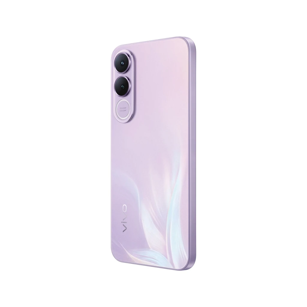 Smartphone lila con acabado mate y bordes planos, módulo de dos cámaras traseras verticales en anillo, diseño minimalista y reflejos perlados