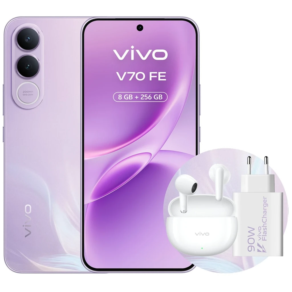 Vivo V70 FE 5G lila con pantalla sin bordes, doble cámara trasera con sensor 200MP, incluye cargador 90W y auriculares inalámbricos, 8GB 256GB