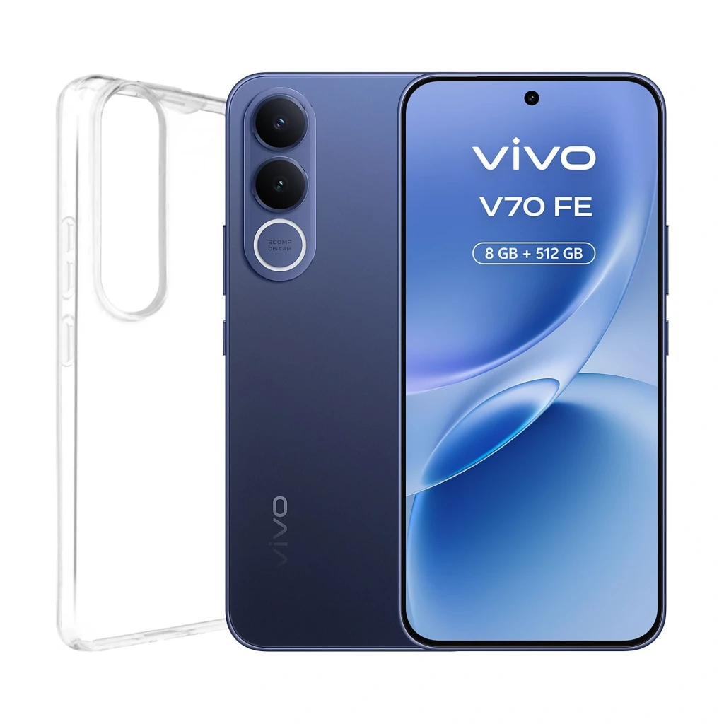 Vivo V70 FE 5G azul con pantalla completa perforada, doble cámara trasera vertical, funda transparente incluida, 8GB RAM y 512GB almacenamiento