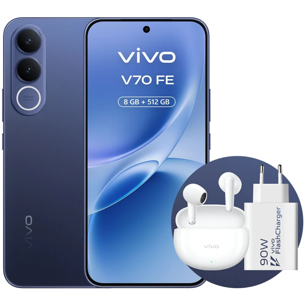 Vivo V70 FE 5G azul con pantalla full view, doble cámara trasera destacando lente 200MP, incluye cargador 90W blanco y auriculares inalámbricos blancos