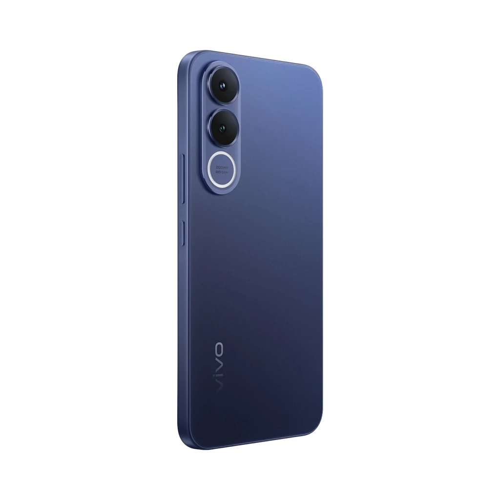 Smartphone azul Vivo V70 FE 5G con dos cámaras traseras en módulo ovalado y acabado mate elegante; bordes curvos y logo Vivo lateral