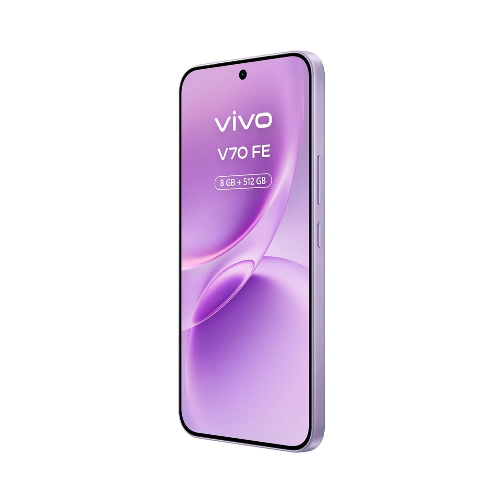 Smartphone lila Vivo V70 FE 5G con pantalla borde a borde y cámara frontal en orificio central; marco delgado y botones laterales visibles